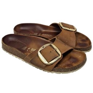 Birkenstock Madrid Big Buckle Cognac Oiled Leather Slide Sandals Womens 9 $155